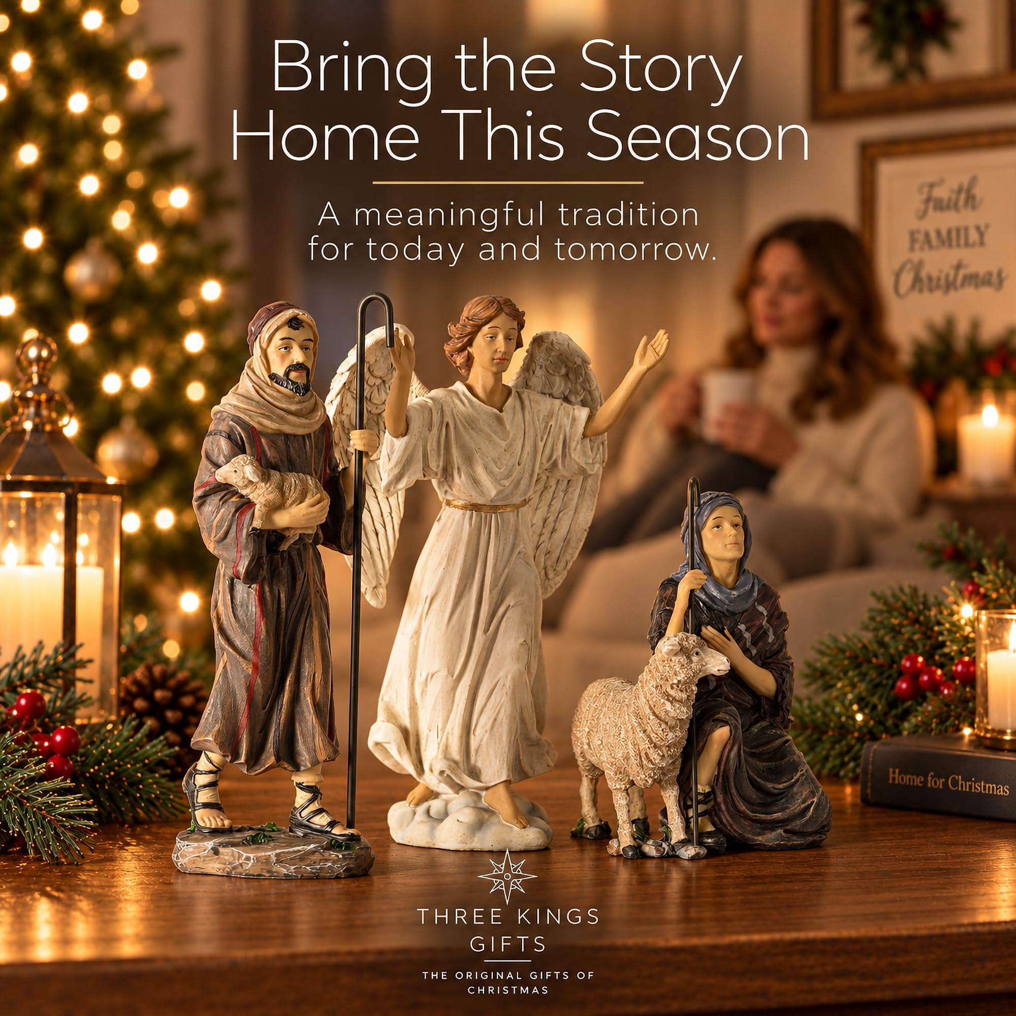Shepherds, Sheep and Angel 14 inch Christmas Nativity Set